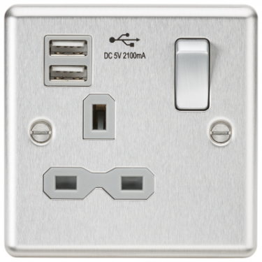 Click Here To Enlarge This Photo Of 13A 1G Switched Socket Dual USB Charger Slots with Black Insert - Rounded Edge Brushed Chrome