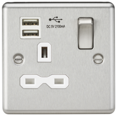 Click Here To Enlarge This Photo Of 13A 1G Switched Socket Dual USB Charger Slots with Black Insert - Rounded Edge Brushed Chrome