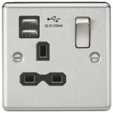 Click Here To Enlarge This Photo Of 13A 1G Switched Socket Dual USB Charger Slots with Black Insert - Rounded Edge Brushed Chrome