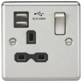 13A 1G Switched Socket Dual USB Charger Slots with Black Insert - Rounded Edge Brushed Chrome