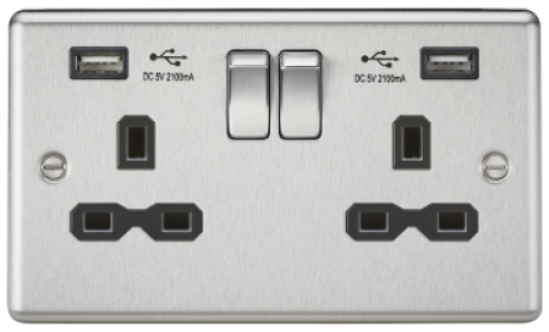 Click Here To Enlarge This Photo Of 13A 2G Switched Socket Dual USB Charger Slots with Black Insert - Rounded Edge Brushed Chrome