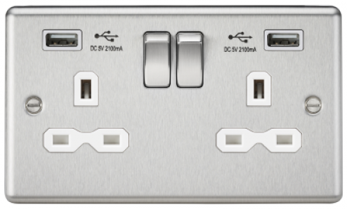 Click Here To Enlarge This Photo Of 13A 2G Switched Socket Dual USB Charger Slots with Black Insert - Rounded Edge Brushed Chrome