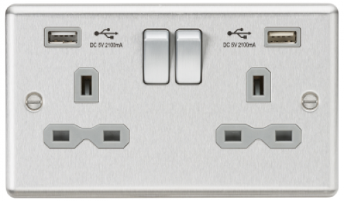 Click Here To Enlarge This Photo Of 13A 2G Switched Socket Dual USB Charger Slots with Black Insert - Rounded Edge Brushed Chrome