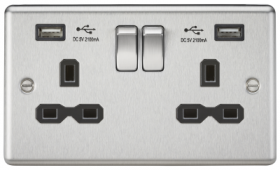 13A 2G Switched Socket Dual USB Charger Slots with Black Insert - Rounded Edge Brushed Chrome